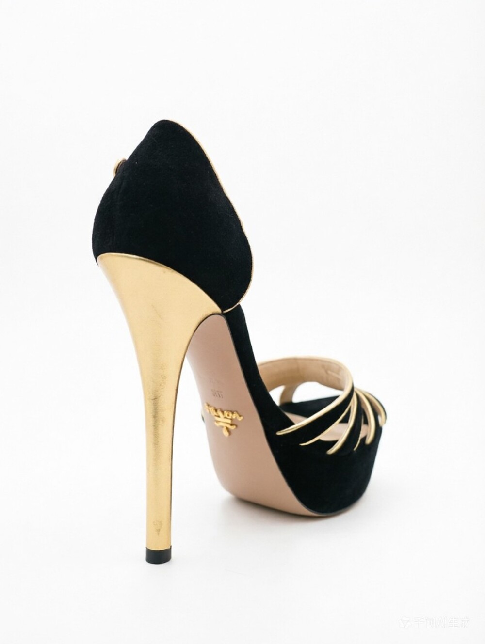Prada Black/Gold Suede And Leather Open Toe Ankle Strap Platform Sandals - Picture 4 of 11